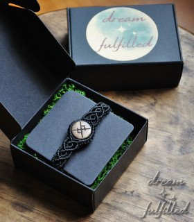 Wooden bracelet with black thread engraved with the Viking rune for eternal love