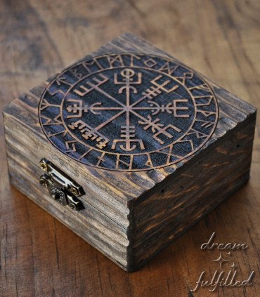Viking wooden box engraved with the vegvisir, perfect for Viking wedding rings