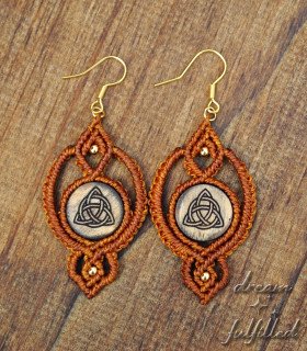 Celtic Triquetra Earrings, long hippie-style, made of wood and orange braided cord