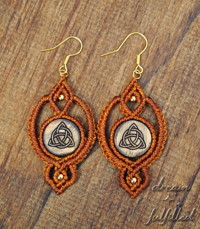 Celtic Triquetra Earrings, long hippie-style, made of wood and orange braided cord