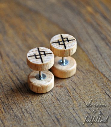 Viking stud earrings featuring the Rune of Eternal Love, crafted from light brown wood and hypoallergenic steel