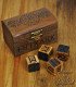 Rectangular wooden box engraved with the vegvisir and four dice engraved with the 24 runes of the ancient Futhark