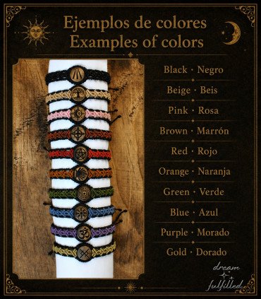 imagen de ejemplo de distintas pulseras de macramé y madera con los diferentes colores disponibles para este modelo