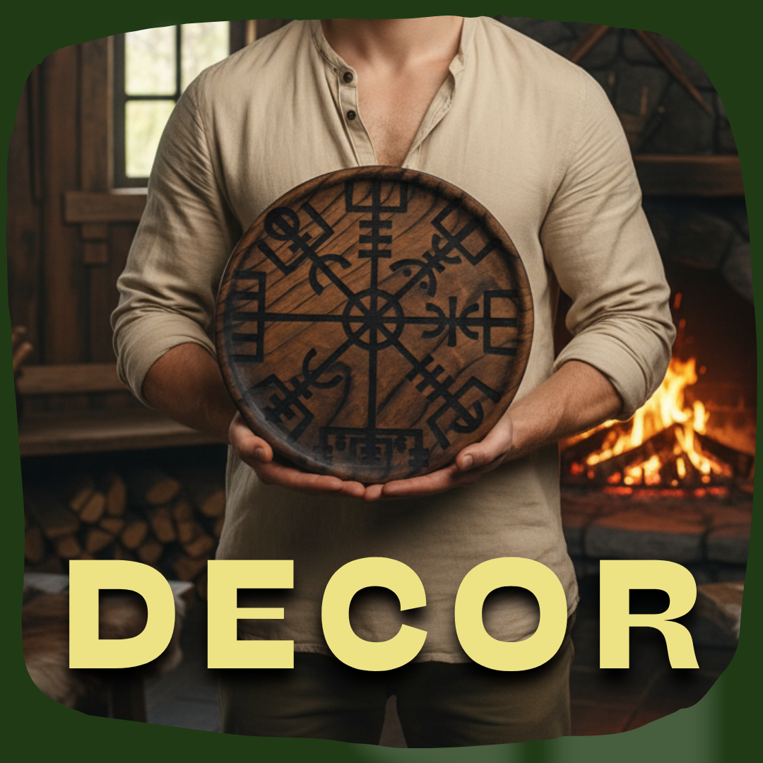 In a room, a boy is holding a large wooden plate engraved with the Viking symbol, the Vegvisir