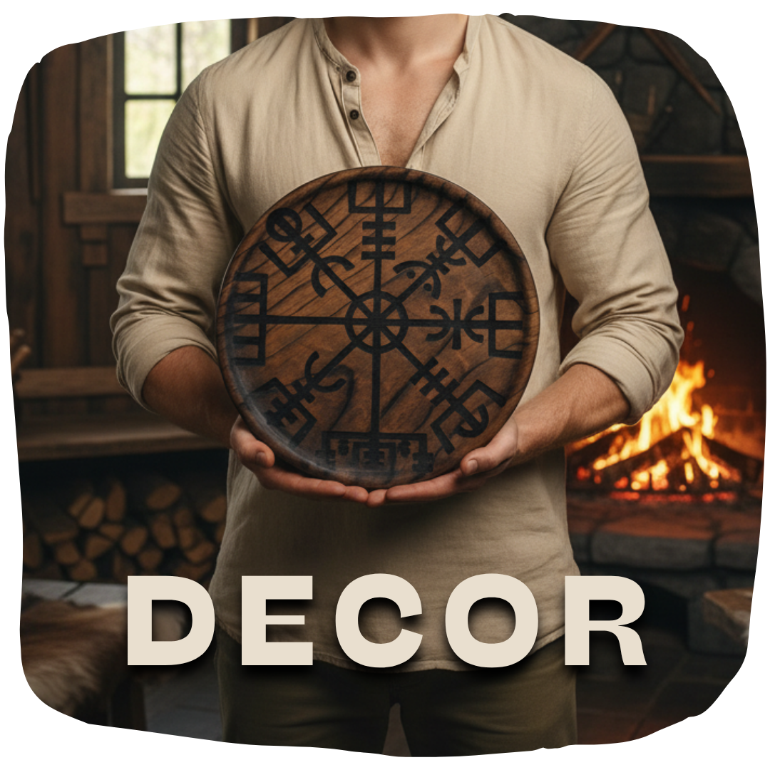 In a room, a boy is holding a large wooden plate engraved with the Viking symbol, the Vegvisir