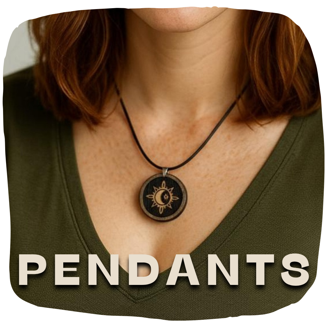 Girl wearing a wooden pendant engraved with a sun, moon, and star