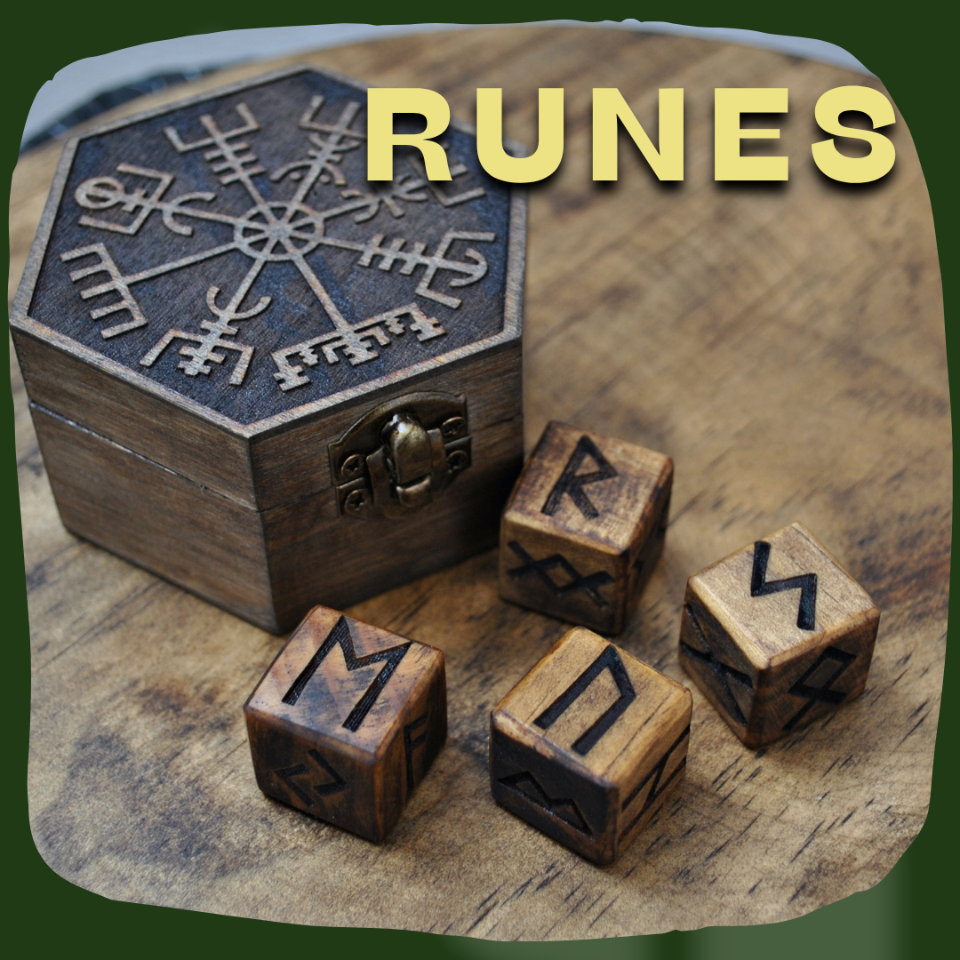 Wooden box containing four dice engraved with Viking runes