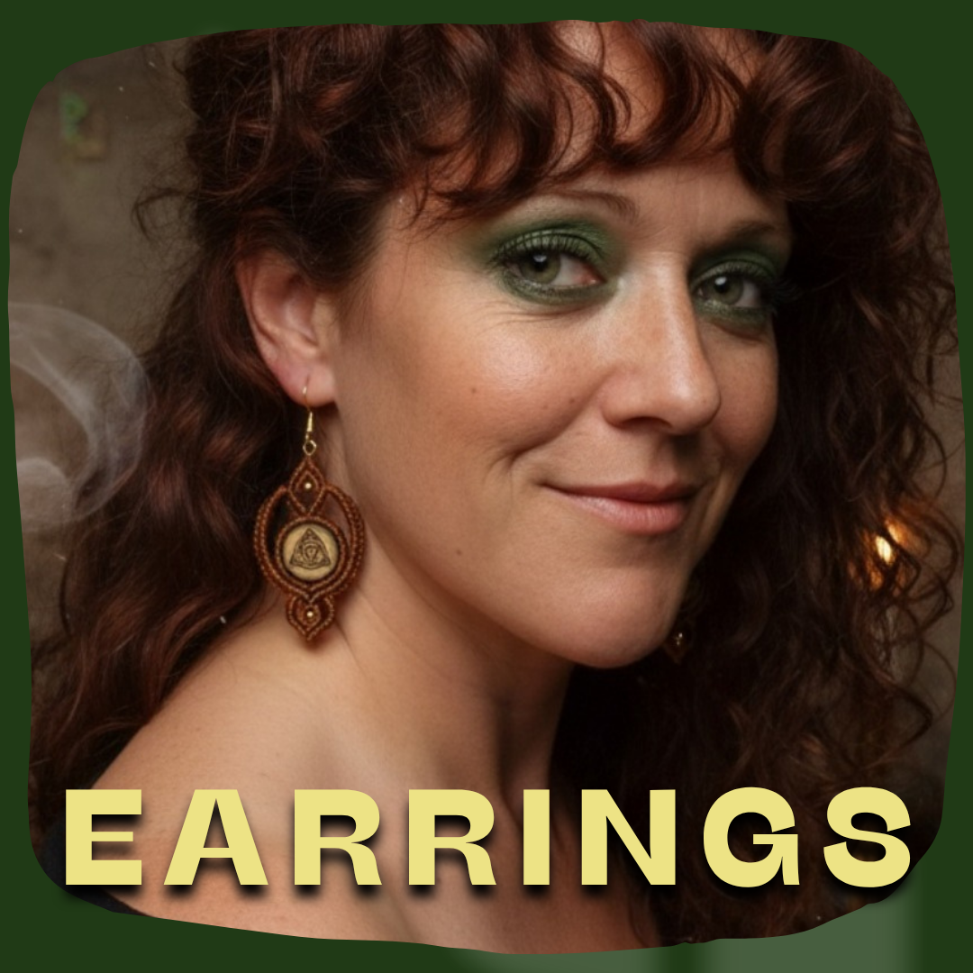 A girl wearing wooden and macramé earrings