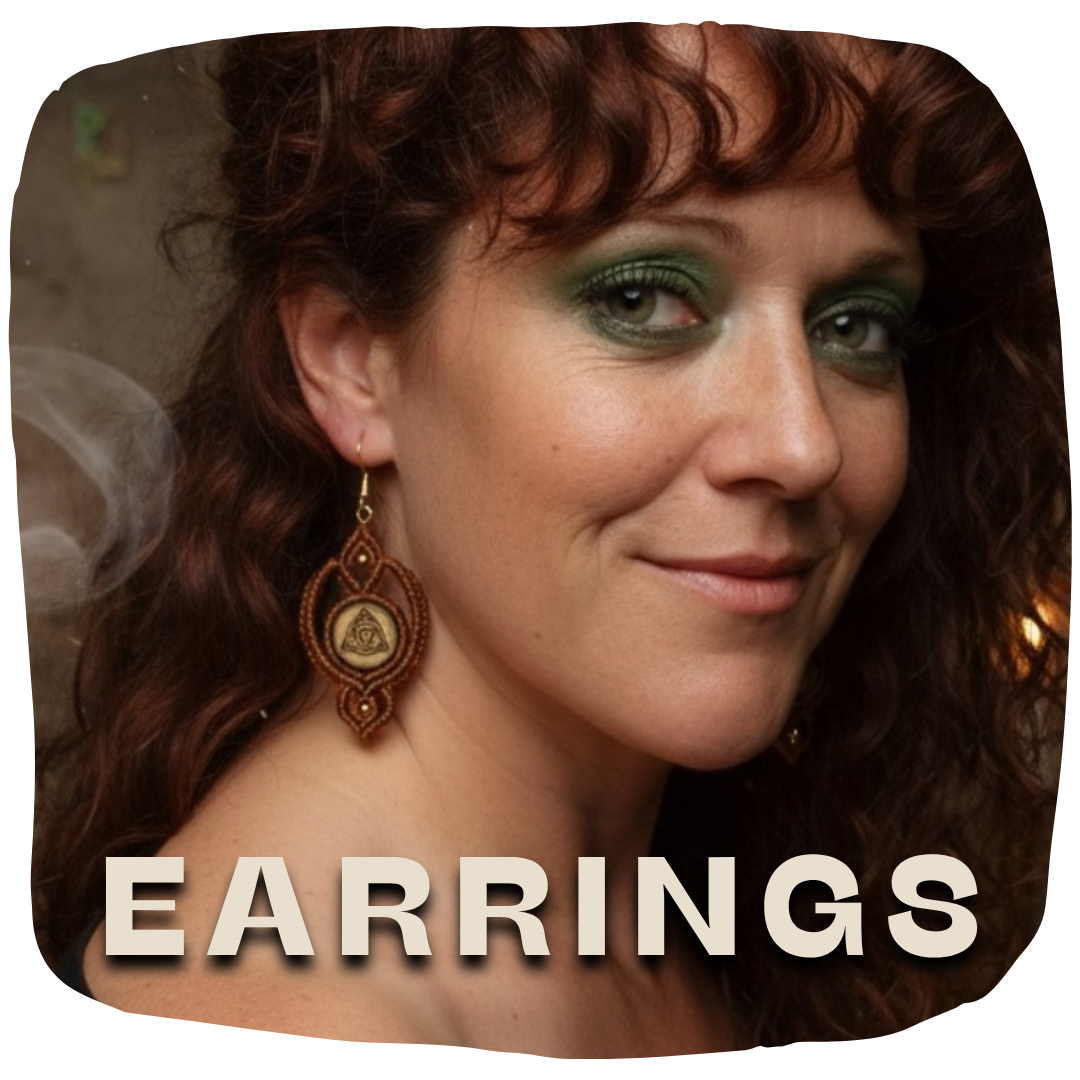A girl wearing wooden and macramé earrings
