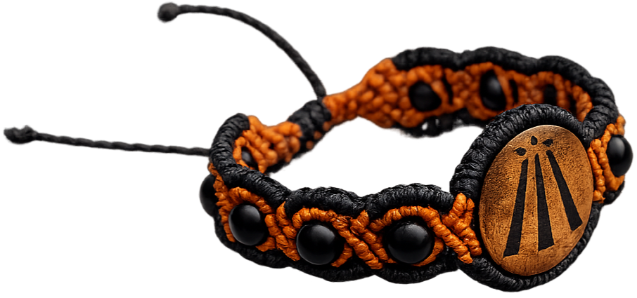pulsera awen de madera e hilo trenzado con piezas entrelazadas de ónix mate